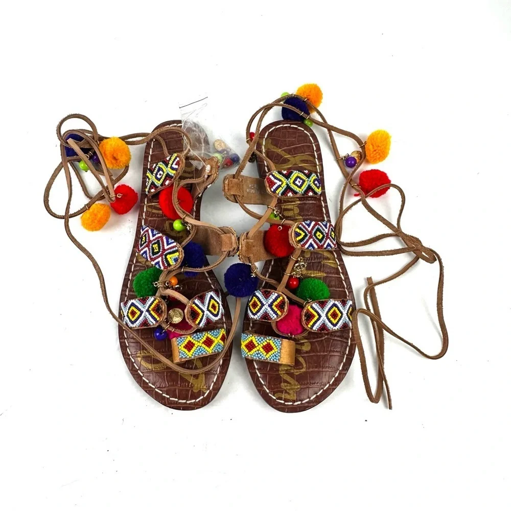 Sam Edelman Lisabeth Sandals 6 Lace Up Beaded Pom‎ Pom Bohemian Brand New